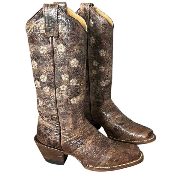 Cowgirl Boots Brown Leather Embroidered Flowers Made in Mexico Size 6.5 NEW - Picture 1 of 13